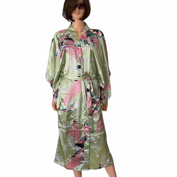 NWOT Kimono maxi length satin green pink floral peacock design robe - Picture 1 of 11